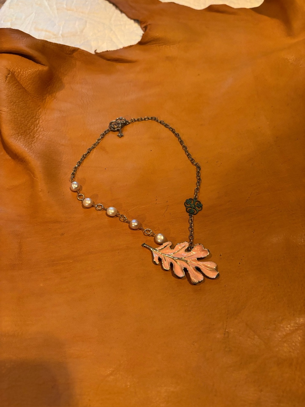 Hand Crafted Pink Enamel Oak Leaf Pendant Necklace with Pearl Accents
